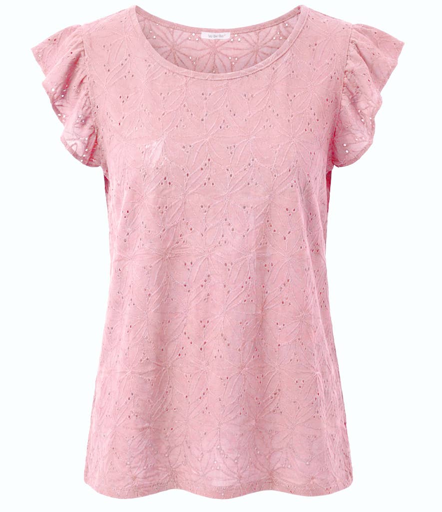 T‑Shirt mit Volantärmeln aus reliefiertem Jacquardstrick: Rosa / M