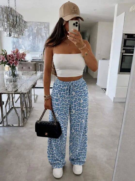 Baumwollgaze-Hose mit Leopardenprint und elastischem Bund: Himmel / Einheitsgröße : 38-44