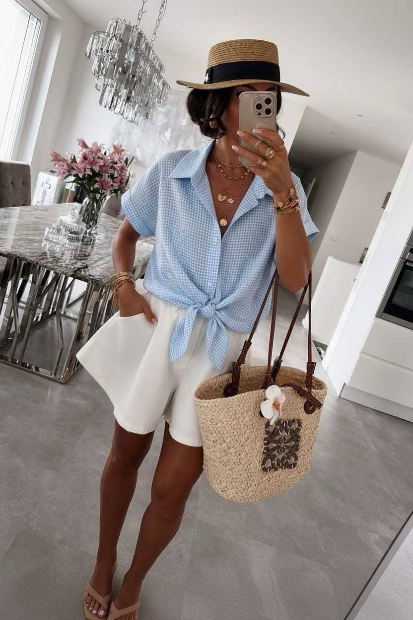 Vichy-Bluse zum Binden – Casual-Chic-Stil: Himmel / Einheitsgröße: 36-42