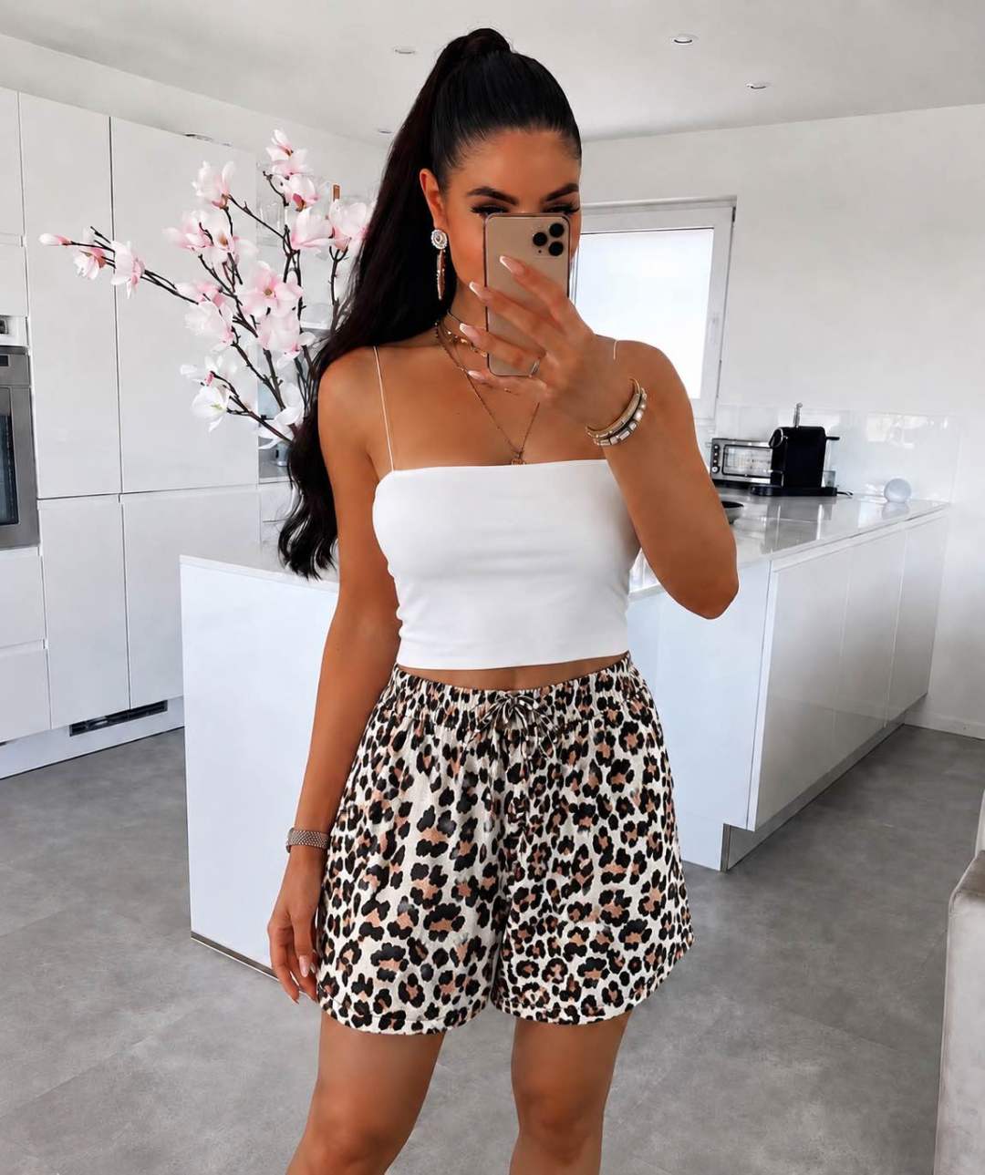 Shorts aus Baumwollgaze mit Leopardenmuster und elastischem Bund: beige Einheitsgröße: 36-42