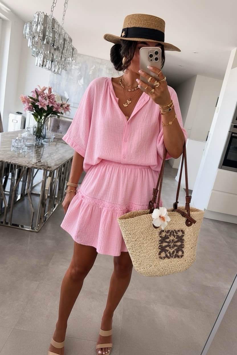 Set aus Baumwollgaze – Bluse mit 3/4-Ärmeln & Rock: Rosa / Einheitsgröße: 36-42