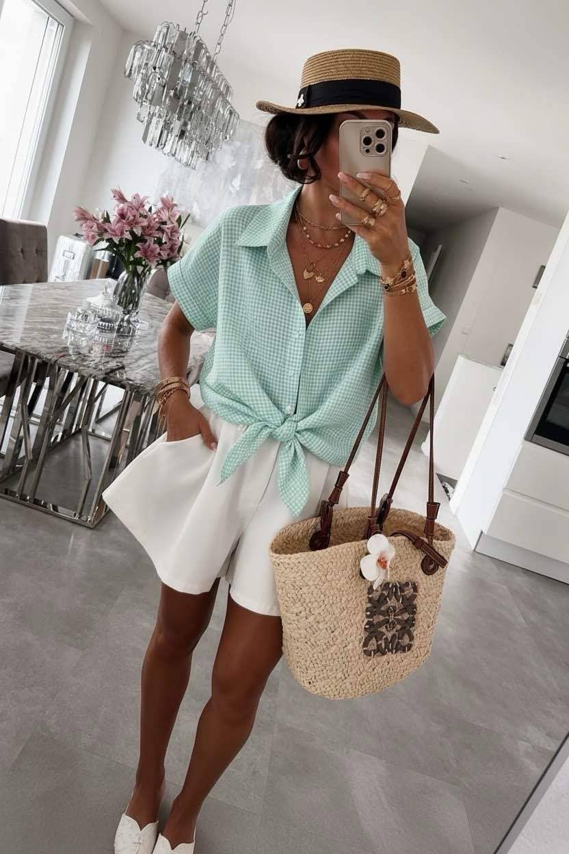 Vichy-Bluse zum Binden – Casual-Chic-Stil: Vert d'Eau / Einheitsgröße: 36-42