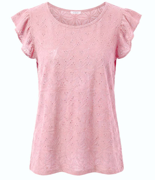 T‑Shirt mit Volantärmeln aus reliefiertem Jacquardstrick: Rosa / M