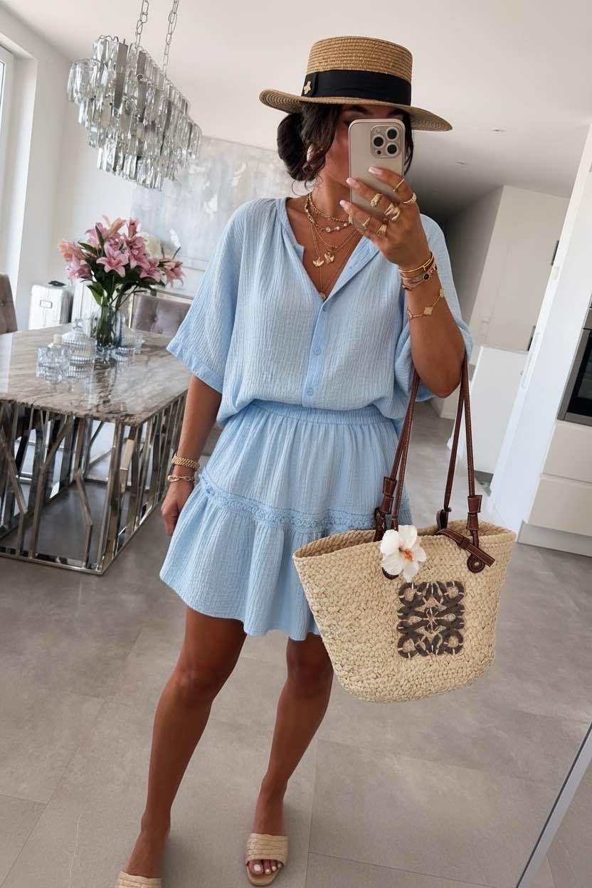 Set aus Baumwollgaze – Bluse mit 3/4-Ärmeln & Rock: Ciel / TU : 36-42