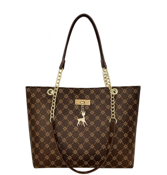 Designer Tote Bag „Elegant Charm Brown“ – mit goldener Kette & Reh-Anhänger