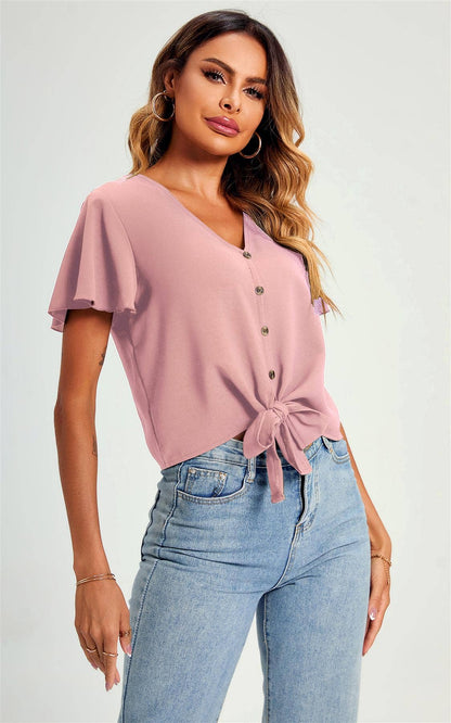 Crop-T-Shirt-Oberteil mit niedlichem Knoten vorne und Knöpfen, Rosa: M
