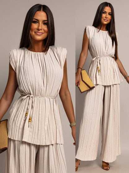 LORIANE Plissiertes Set mit Top und Hose: Beige / Eine Größe