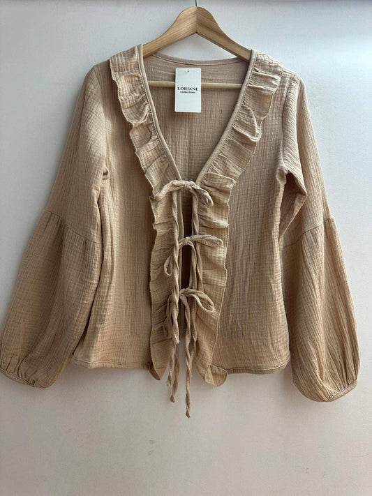 Baumwollbluse mit Knotenschleife, Einheitsgröße: Beige / Eine Größe