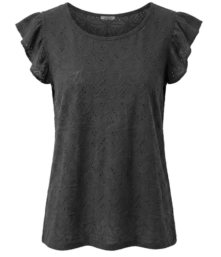 T‑Shirt mit Volantärmeln aus reliefiertem Jacquardstrick: Schwarz / M