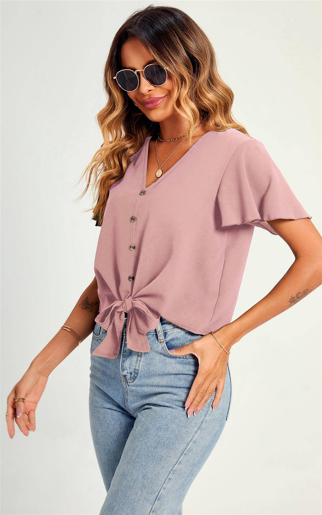 Crop-T-Shirt-Oberteil mit niedlichem Knoten vorne und Knöpfen, Rosa: M