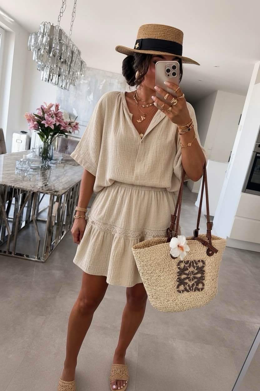 Set aus Baumwollgaze – Bluse mit 3/4-Ärmeln & Rock: Beige / TU : 36-42