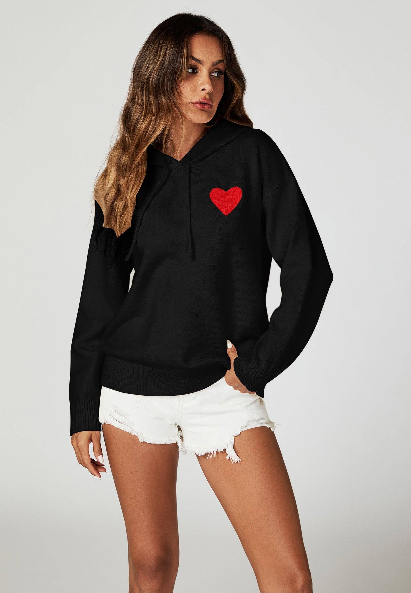 Herzstickerei Strickkapuzenpullover