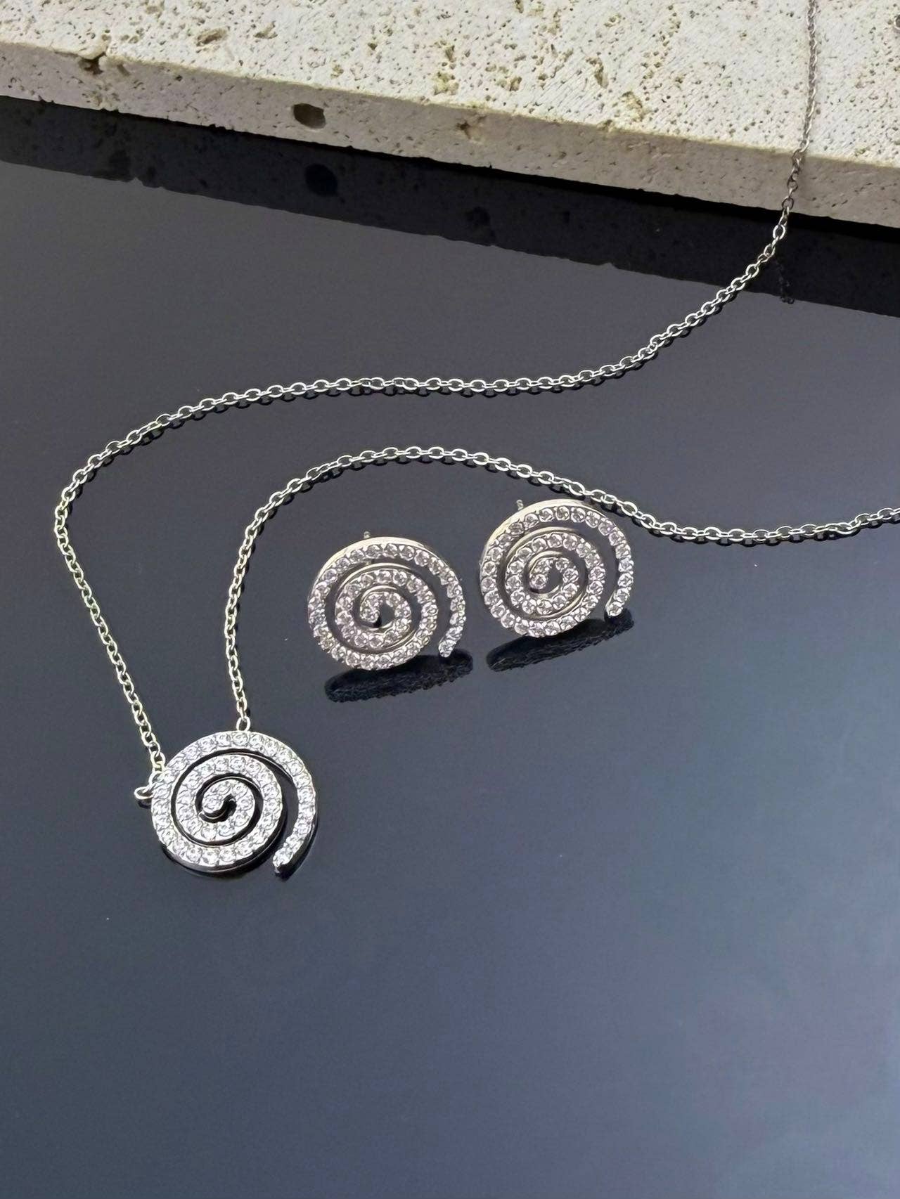 Halskette-Set Ohrringe Edelstahl Spirale Kristall: Silber