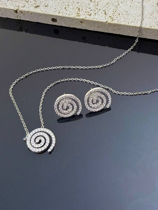 Halskette-Set Ohrringe Edelstahl Spirale Kristall: Silber