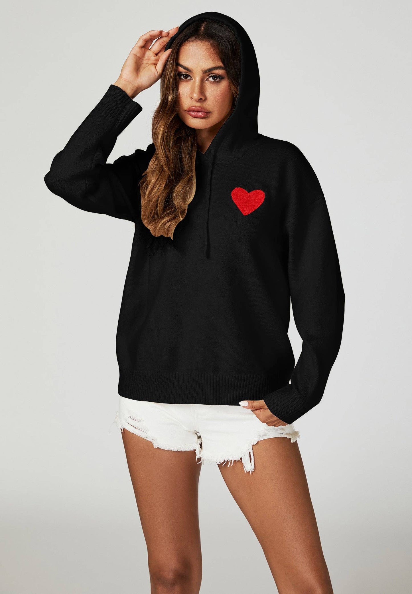 Herzstickerei Strickkapuzenpullover