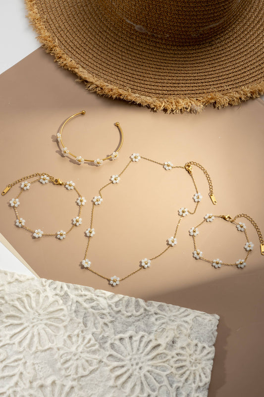 Schmuckset Blumen bunt Halskette Armband Armreif Kette Fußkette: Weiß