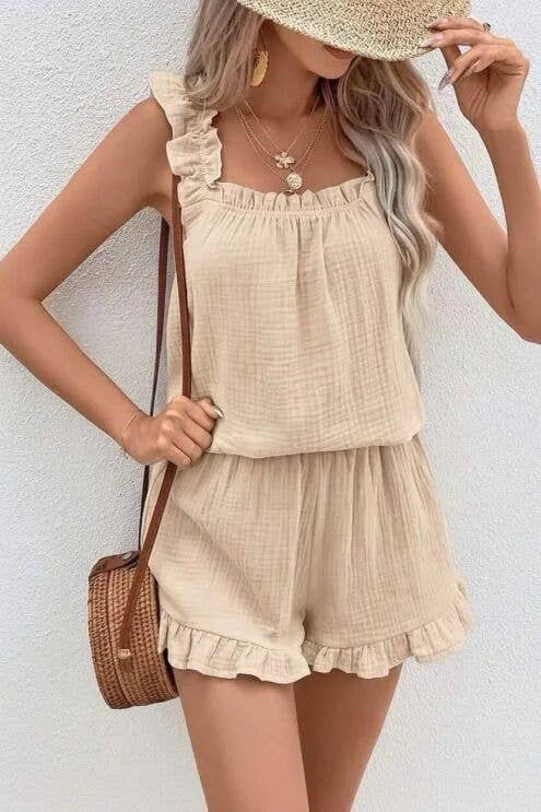 Set aus Baumwollgaze mit Rüschen: Top und Shorts: Schwarz / Einheitsgröße: 36-42
