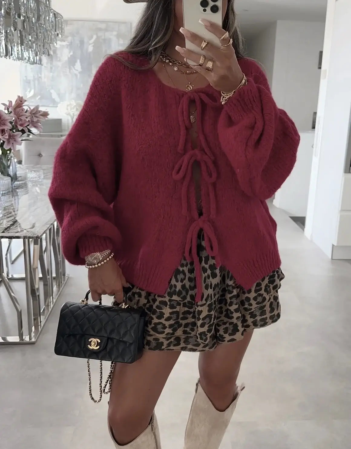 Wollweste mit Schnürsenkeln Bordeaux