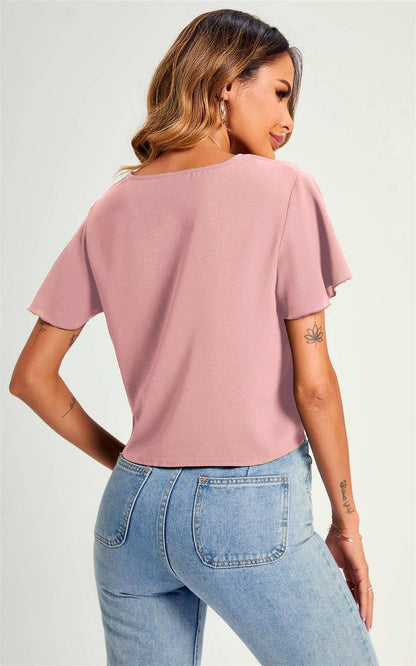 Crop-T-Shirt-Oberteil mit niedlichem Knoten vorne und Knöpfen, Rosa: M