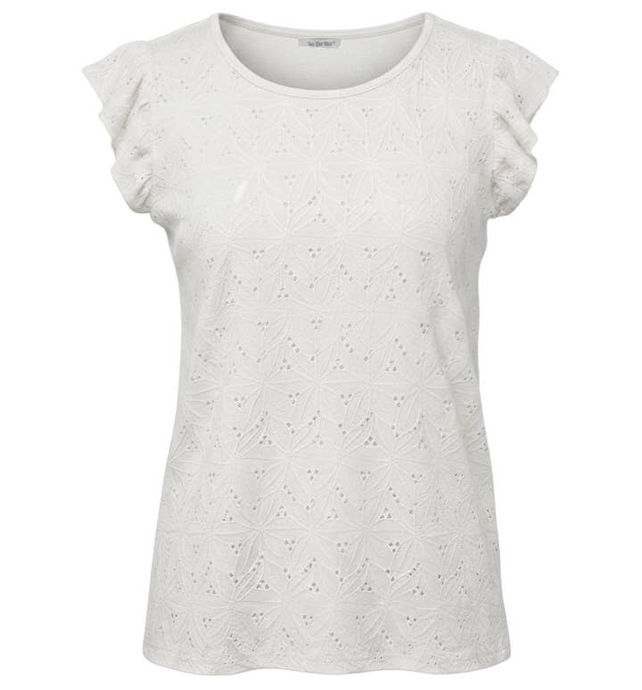 T‑Shirt mit Volantärmeln aus reliefiertem Jacquardstrick: Vanillepudding / L