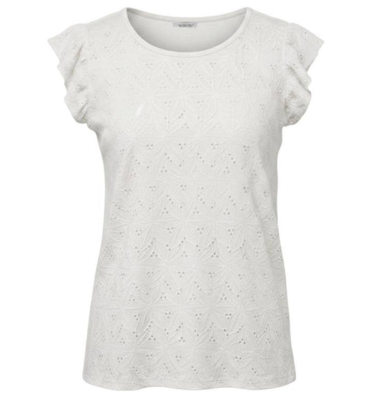 T‑Shirt mit Volantärmeln aus reliefiertem Jacquardstrick: Vanillepudding / L