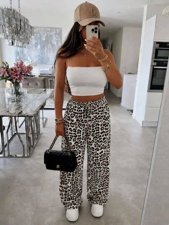 Baumwollgaze-Hose mit Leopardenprint und elastischem Bund: Beige / Einheitsgröße : 38-44