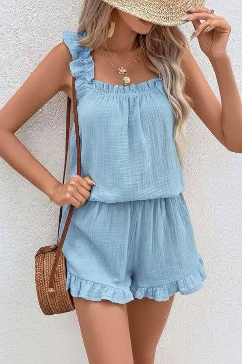 Set aus Baumwollgaze mit Rüschen: Top und Shorts: Himmel / Einheitsgröße: 36-42