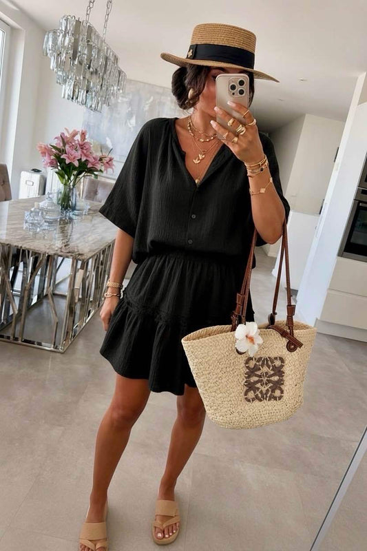Set aus Baumwollgaze – Bluse mit 3/4-Ärmeln & Rock: Schwarz / Einheitsgröße: 36-42