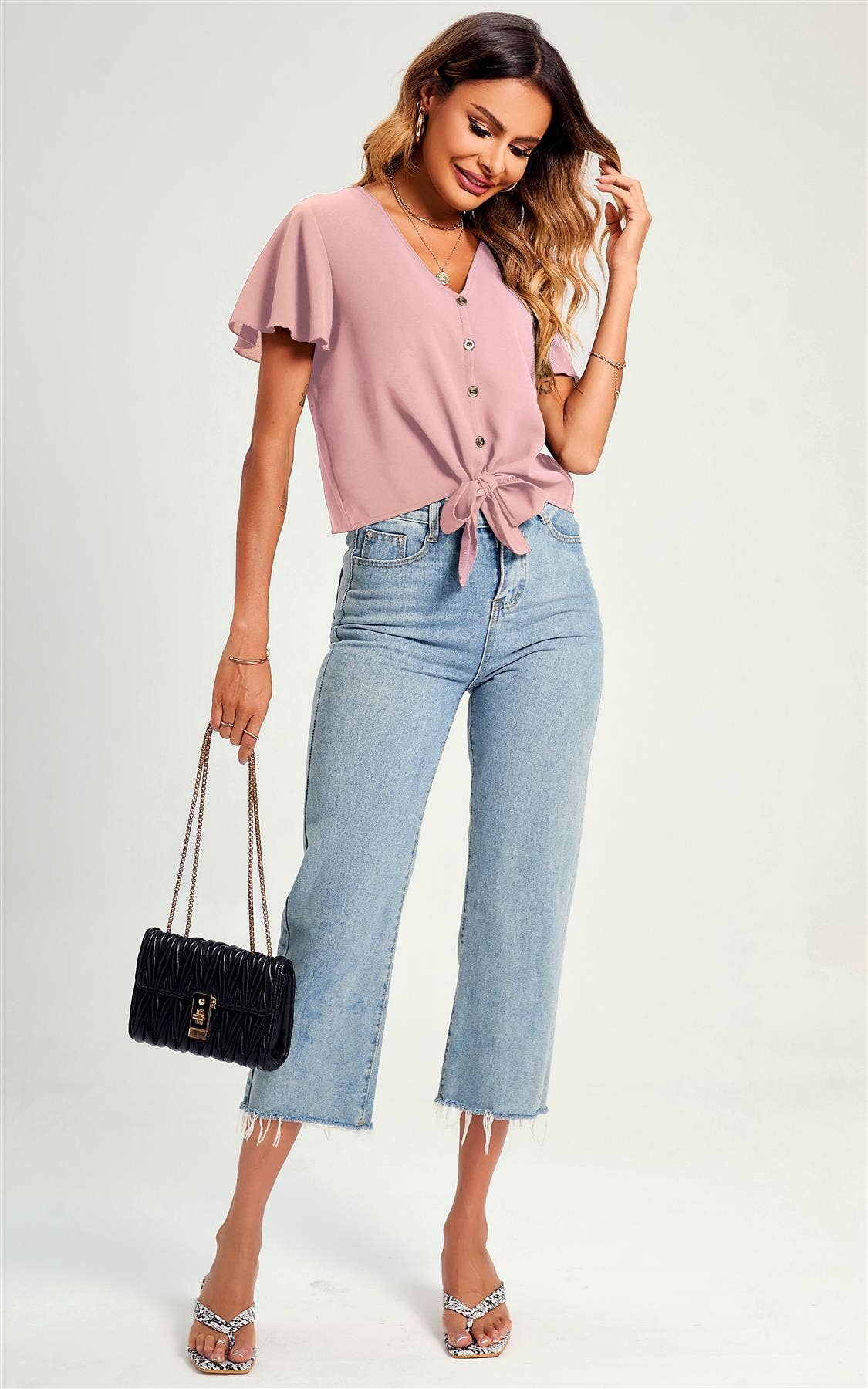 Crop-T-Shirt-Oberteil mit niedlichem Knoten vorne und Knöpfen, Rosa: M
