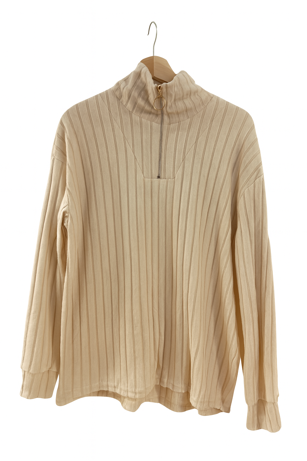 Gerippter Zip-Pullover Beige oder Schwarz