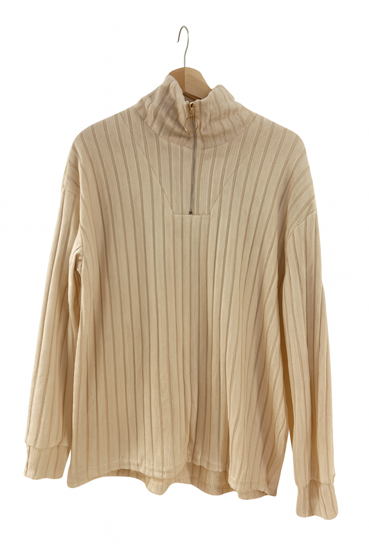 Gerippter Zip-Pullover Beige oder Schwarz
