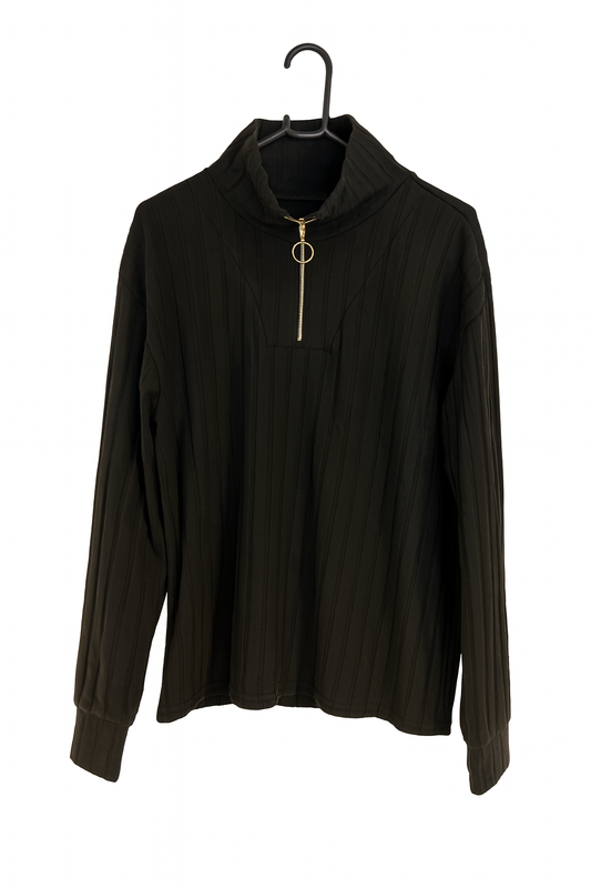 Gerippter Zip-Pullover Beige oder Schwarz